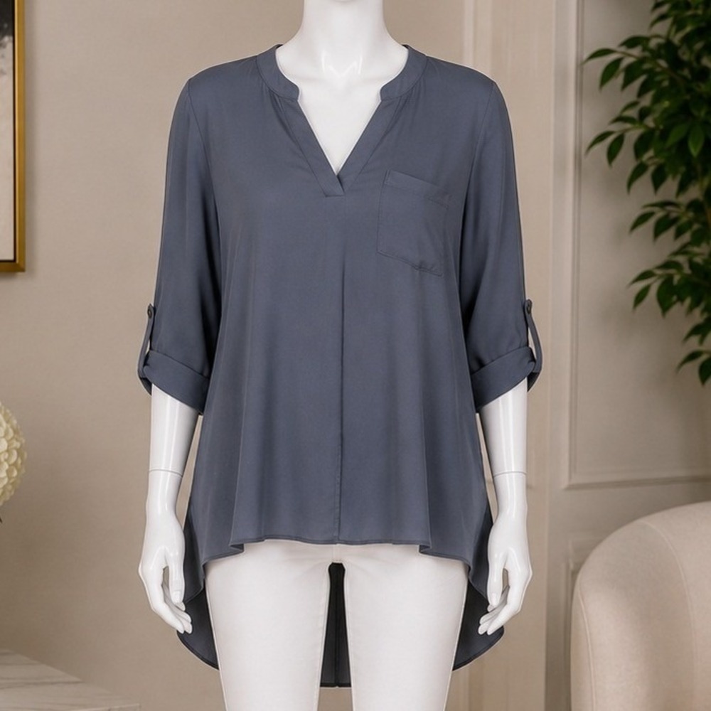 Lush Womens Blouse Roll Tab Sleeve Split Neck Tunic Dusty Blue Medium